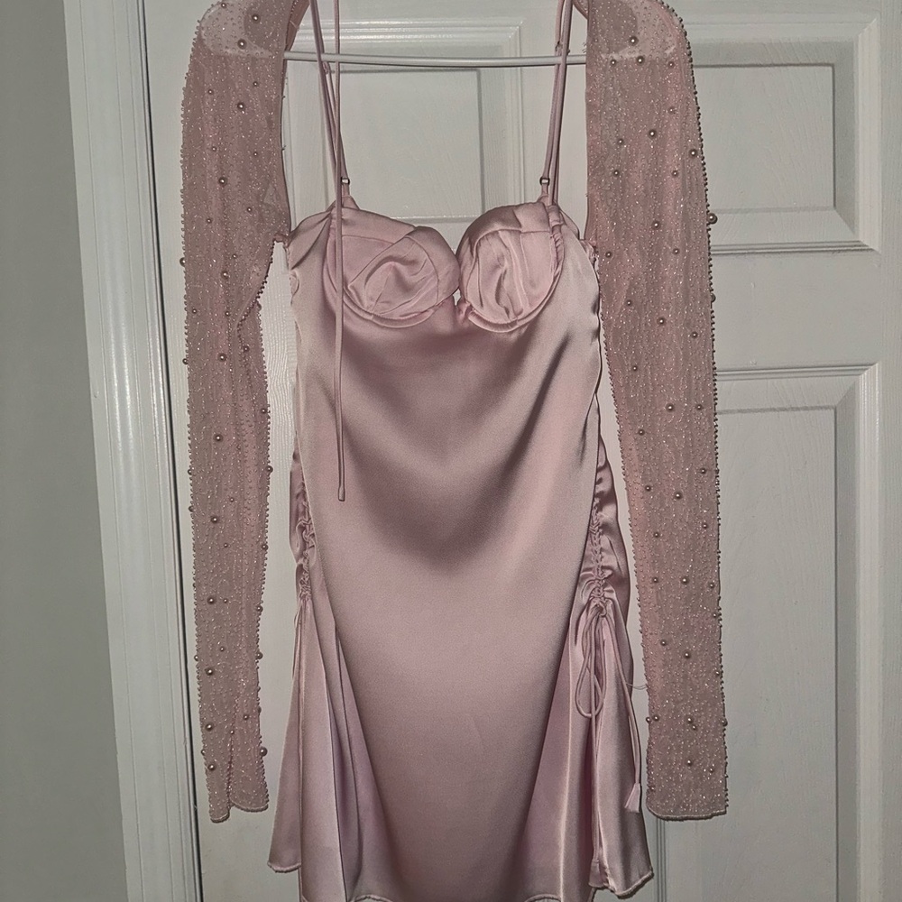 Oh Polly mini dress! Light pink with beaded sleeves!